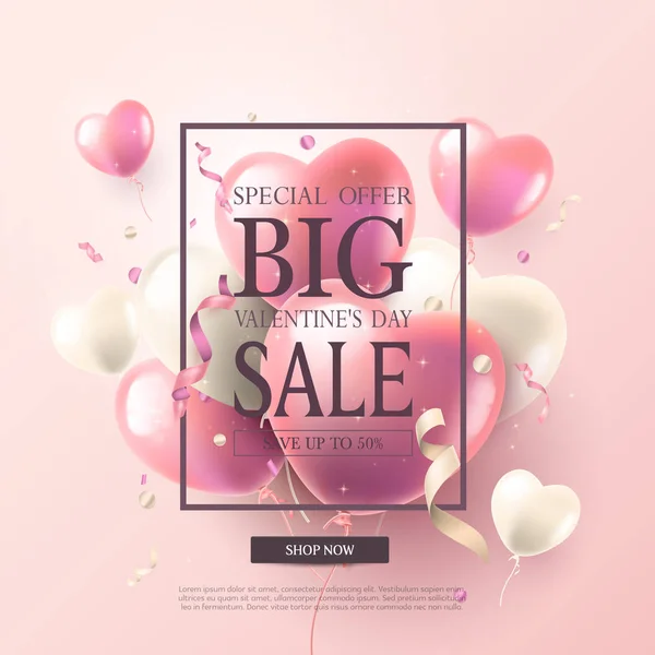 "Speciální nabídka pro velký Valentýnský prodej "banner s barevným balónním balonky a pásy. — Stockový vektor