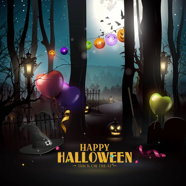 Carte de vœux Halloween avec ballons de fête, confeti et citrouilles dans une forêt effrayante — Image vectorielle