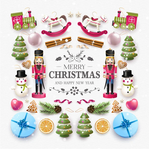 Composição de Natal com brinquedos e decorações de madeira . —  Vetores de Stock