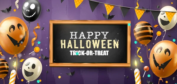 Hapy bannière d'Halloween avec des ballons à air effrayant, des banderoles et des tableaux vides — Image vectorielle