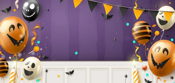 Feliz banner de Halloween com balões —  Vetores de Stock