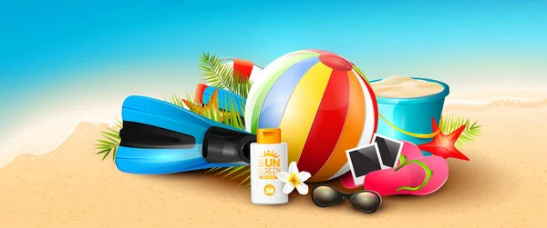 Banner Horario Verano Con Equipo Playa — Vector de stock