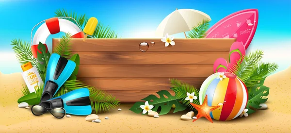 Plaj Elementleriyle Yaz Zamanı Afişi Metin Için Yeri Olan Ahşap — Stok Vektör