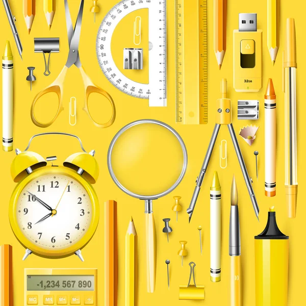 Accessoires Scolaires Modernes Orange Jaune Sur Fond Jaune — Image vectorielle