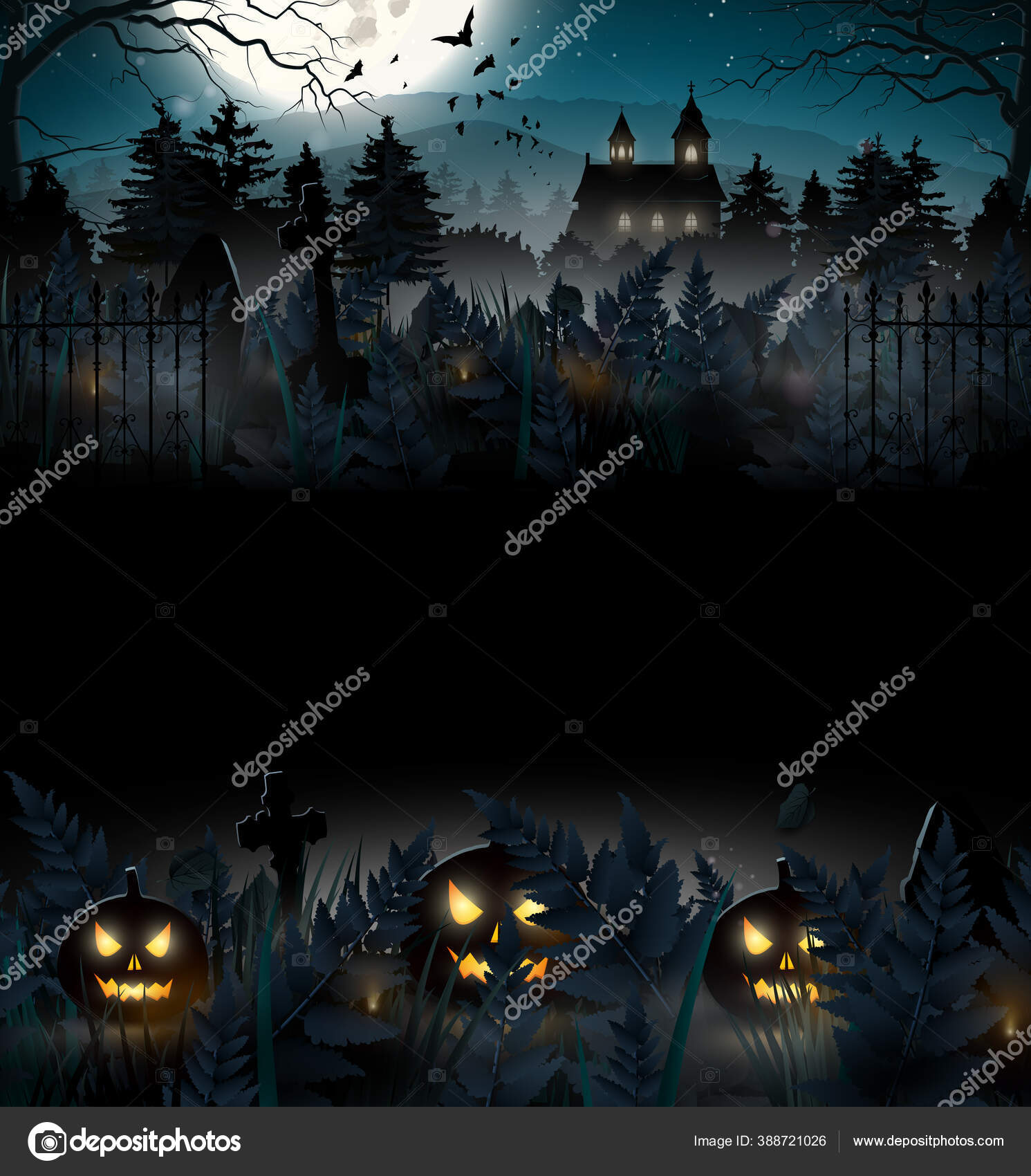 Halloween Scary Background Old Church Cemetery Woods Empty Space Text