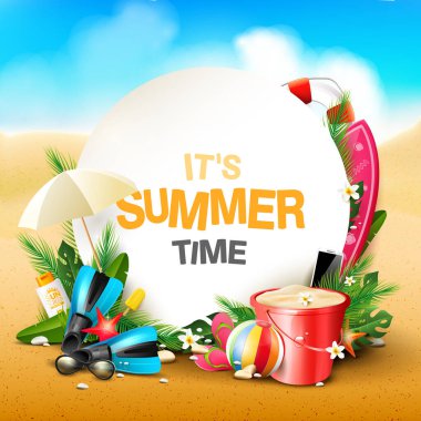 Kumsalda plaj elementleri olan yaz zamanı kara zemini. Metin için boşluk