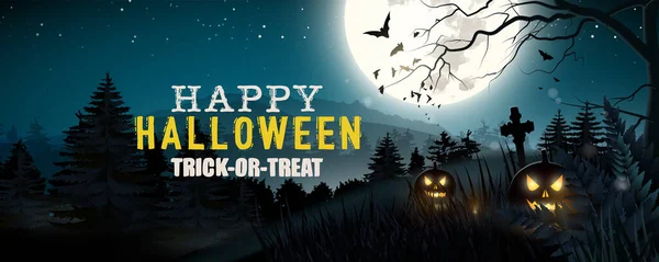 Halloween Banner Ponurá Krajina Úplňku Hřbitov Dýněmi Popředí — Stockový vektor