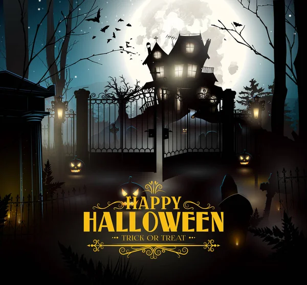 Halloween Bosque Miedo Con Casa Vieja Cementerio Bosque — Vector de stock