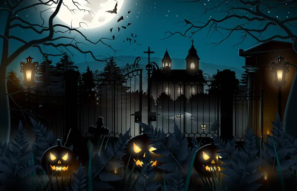 Halloween Enge Achtergrond Met Oude Kerk Begraafplaats Het Bos — Stockvector