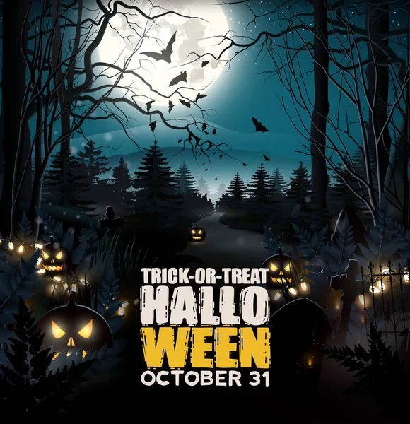 Plakat Halloween Strasznymi Drzewami Dyniami Lesie — Wektor stockowy
