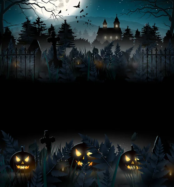 Halloween Aterrador Fondo Con Antigua Iglesia Cementerio Bosque Espacio Vacío — Vector de stock