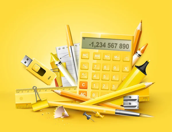 黄色の背景に現代オレンジと黄色の学校の付属品とテンプレート — ストックベクタ