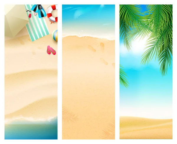 Sada Svislých Letních Praporců Palmovými Listy Mořskými Plážovými Prvky — Stockový vektor