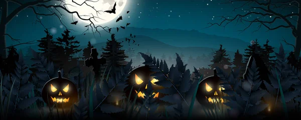Banner Halloween Paisagem Sombria Lua Cheia Cemitério Com Abóboras Primeiro Vetores De Stock Royalty-Free