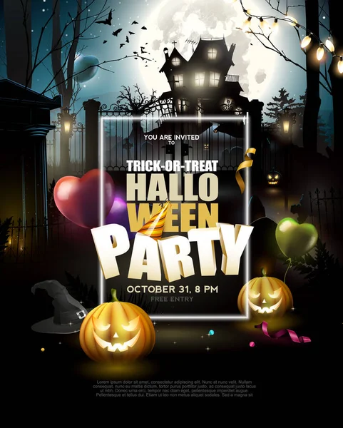 Halloween Party Plakát Ijesztő Öreg Ház Temető Erdőben Buli Léggömbök Jogdíjmentes Stock Illusztrációk