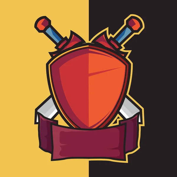Badge bouclier rouge et épée croisée pour les éléments de conception du logo e-sport — Image vectorielle