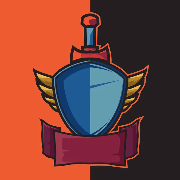 Distintivo azul alado escudo e espada para e-sport logotipo design elementos — Vetor de Stock