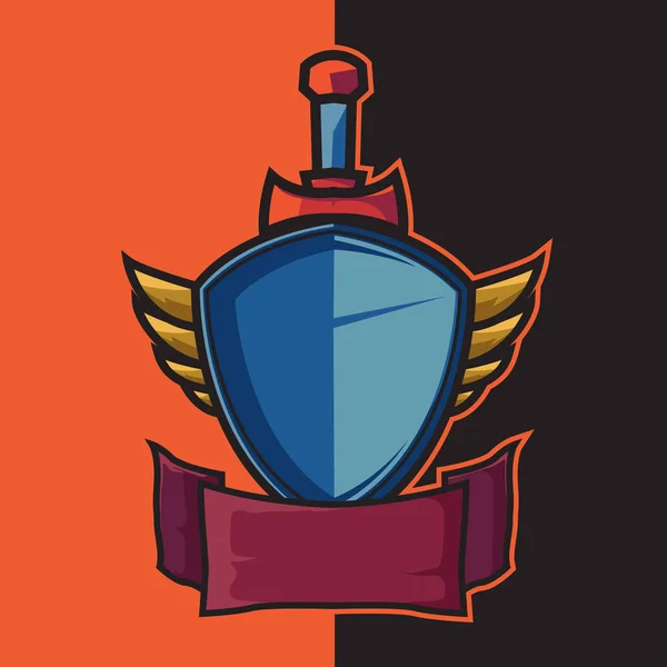 Badge mavi kanatlı kalkan ve kılıç e-spor logo tasarım elemanları