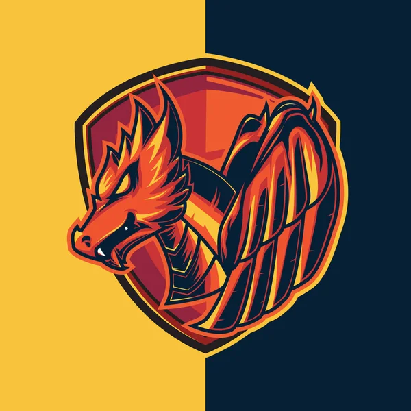 ESport Gaming logo typ med röd drake och sköld teman. Ljusröd som eld — Stock vektor