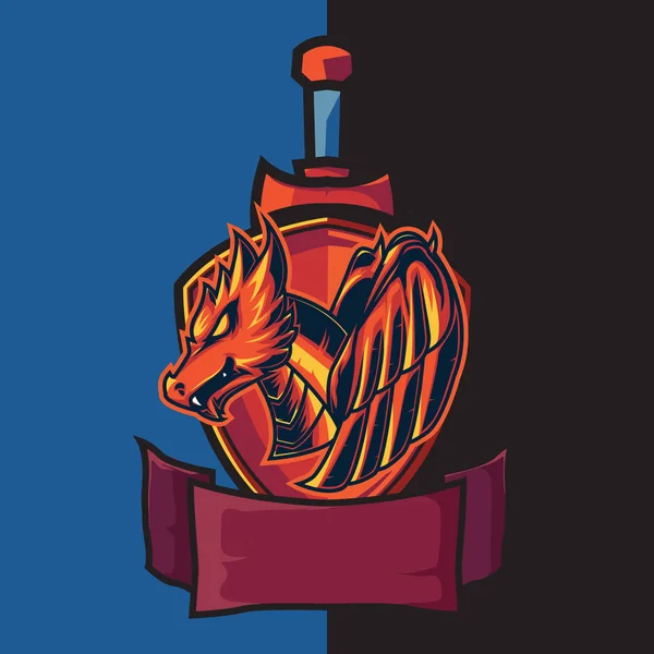 Kırmızı ejderha ve kalkan temaları ve savunma kılıçları ile eSport oyun logosu — Stok Vektör