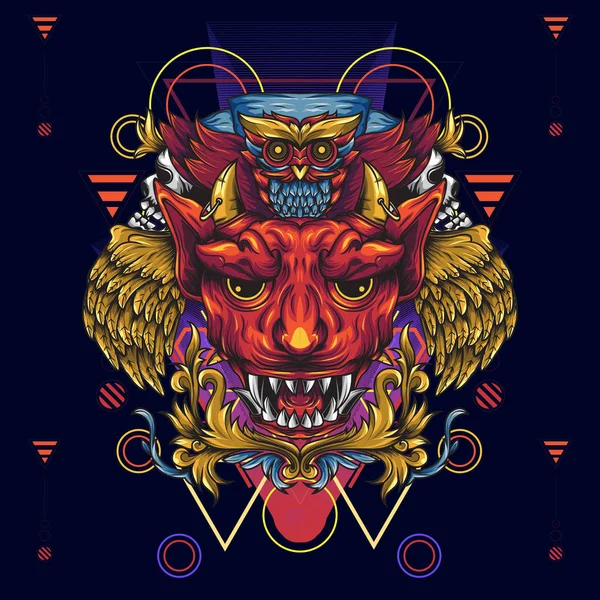 Altın kanatlı şeytanlar ve ölüm baykuşlar. Bir boynuzlu ve fanged şeytanın kafasını tasvir ve yukarıda bir baykuş olduğunu Illustration. Çiçek ve kutsal geometri ile