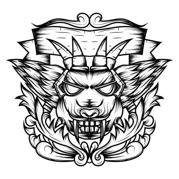 Arte de línea de la cabeza del diablo Geometría sagrada Ornamental es una ilustración de la cabeza de un diablo con colmillos afilados y alas — Vector de stock