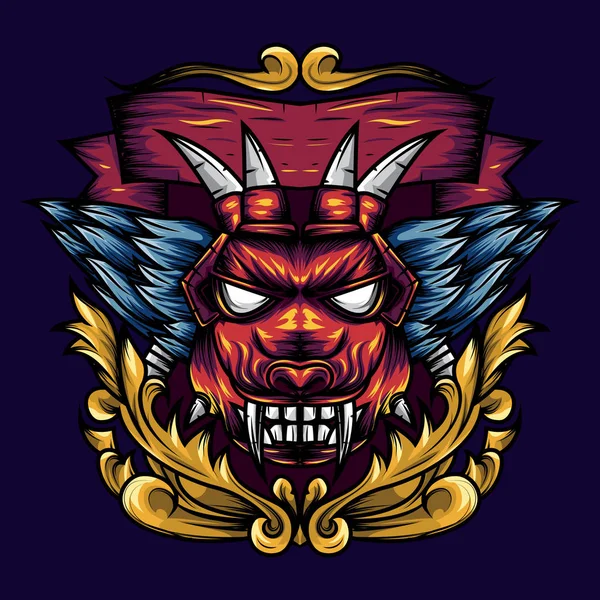 PrinDevil 's Head Geometry Ornamental es una Ilustración de la cabeza de un diablo con colmillos y alas afiladas — Vector de stock