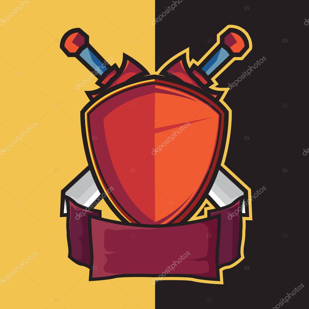 Badge red shield and cross sword for e-sport logo design elements