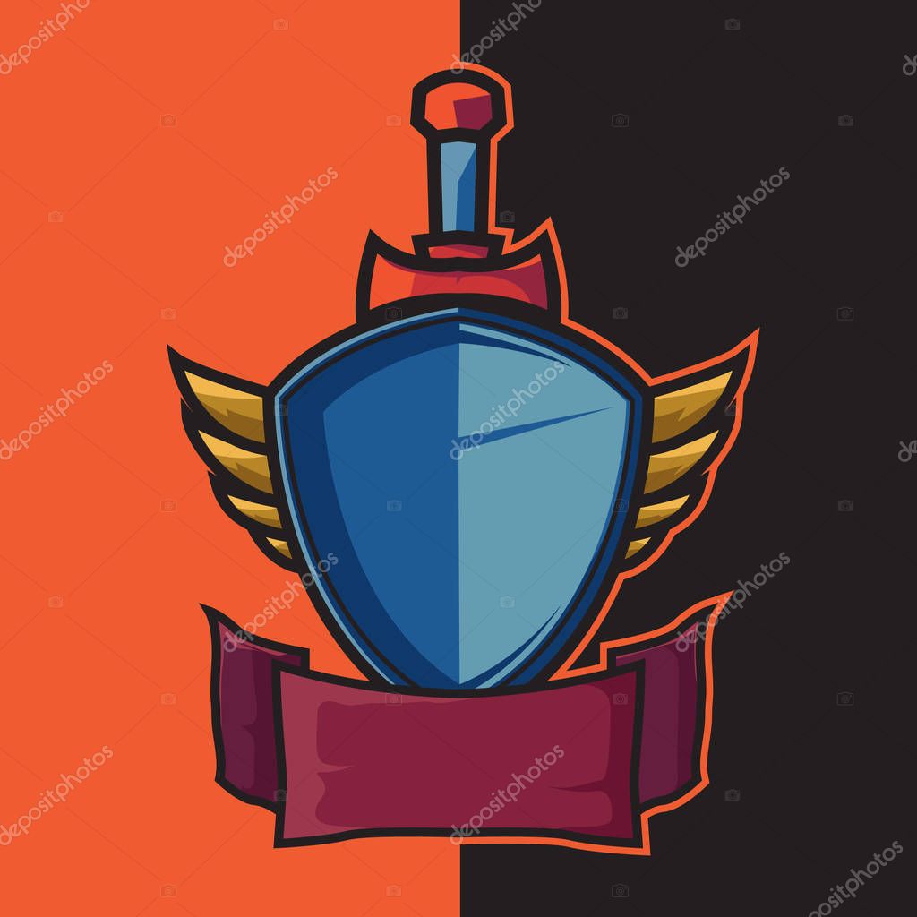Badge blue winged shield and sword for e-sport logo design elements