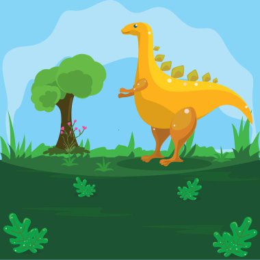 Mavi gökyüzü arka plan ile yeşil bir arazi üzerinde sarı bir dinozor Illustration