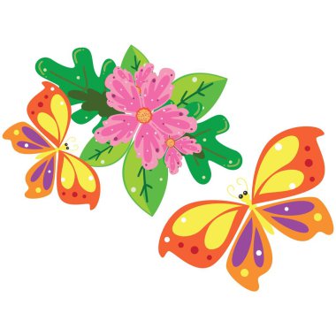 Çiçekler ve yaprakları üzerinde tünemiş sarı bir kelebek Illustration