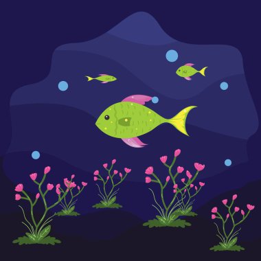 Okyanusta mutlu balıklar Illustration. Balıklar denizaltı