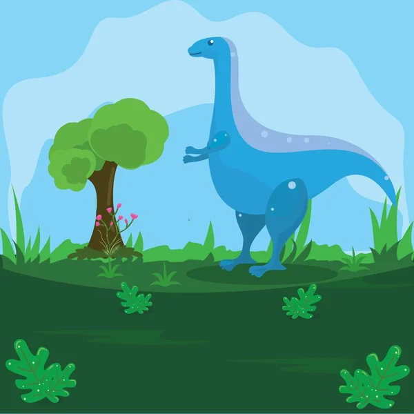 Ilustración de un dinosaurio en una tierra verde con un fondo de cielo azul — Vector de stock