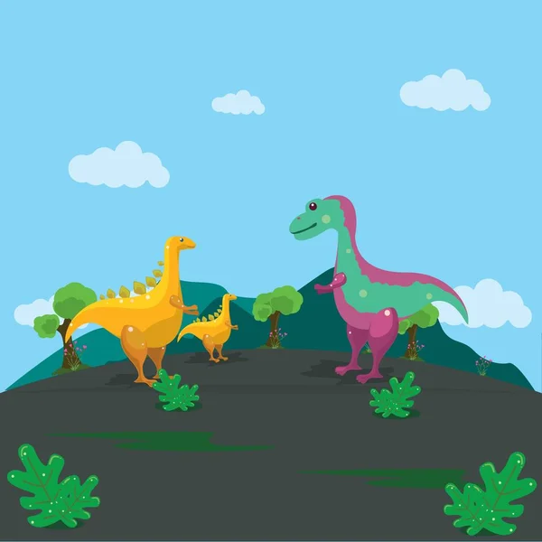 Ilustración de una colección de dinosaurios reunidos, con un fondo de montañas y cielos despejados — Vector de stock