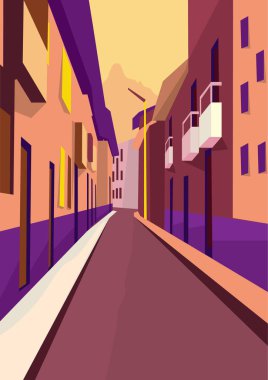 Retro tarzı düz tasarımlı pop art kentsel evler manzara