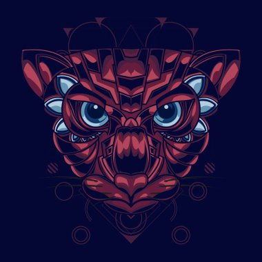 Kırmızı ve mavi renk kombinasyonu ve çekici ve benzersiz süs stili ile bir kedi kafası İllüstrasyon