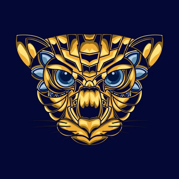 Ilustración de la cabeza de un gato con combinación de colores oro y azul y un estilo ornamental atractivo y único . — Vector de stock