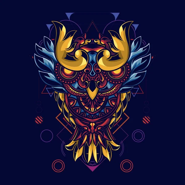 Ilustración de búhos con adornos de mandala. Con fondo geometría sagrada. Tiene una combinación de luces doradas y azules — Vector de stock