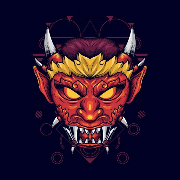 Ilustración de la cabeza del diablo con cuernos afilados y colmillos en rojo brillante. Da miedo pero sigue siendo artístico y guapo. — Vector de stock