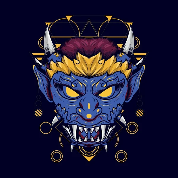 Ilustración de una cabeza de demonio de cara azul con cuernos con coronas doradas — Vector de stock