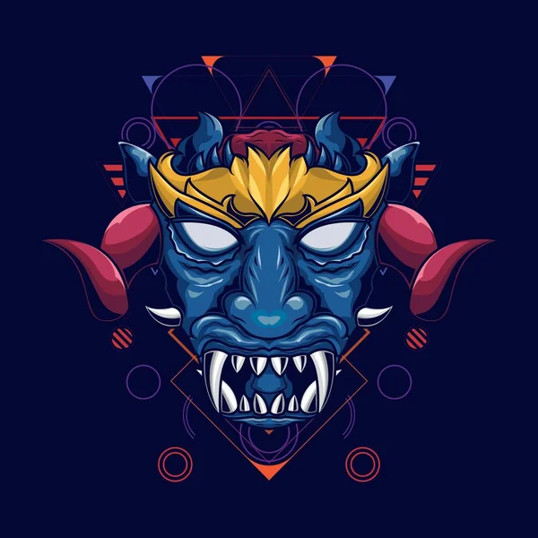 Illustratie van een blauw-geconfronteerd Demon hoofd met hoorns met gouden kronen — Stockvector