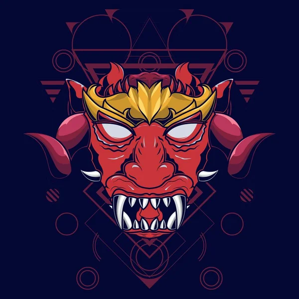 Altın taçlı boynuzlu kırmızı yüzlü iblis kafası illüstrasyonu — Stok Vektör