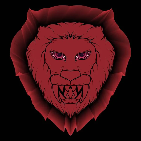 Ilustração de um demônio cabeça de leão assustador com presas vermelhas e afiadas brilhantes —  Vetores de Stock