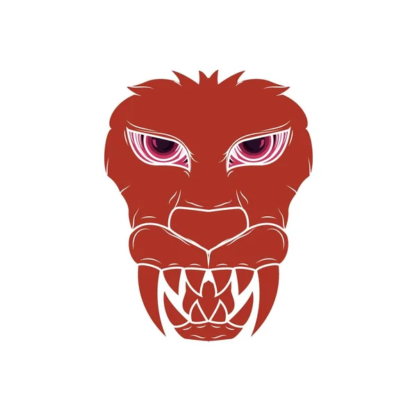 Ilustración de un espeluznante demonio cabeza de león con brillantes colmillos rojos y afilados — Vector de stock