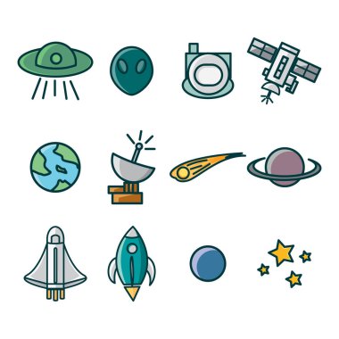 Boşluk teonu ile simge ayarlayın. uzay aracı, yıldızlar, roketler, astronotlar ve diğerleri görüntüleri oluşur