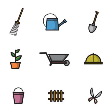 Simge bahçe için gerekli çeşitli araçların teması ile ayarlayın. Kürek, çim biçme makineleri, bahçe bebek arabaları ve diğerleri gibi bahçe ekipmanları, çeşitli çizimler ile