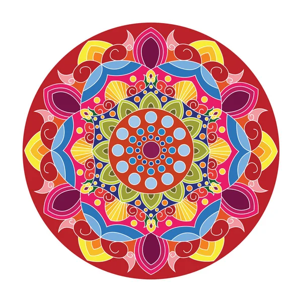 Mandalský design s květinovými a barvitými motivy. Dekorativní starožitné mandalské umění s kruhovými květinovými motivy — Stockový vektor