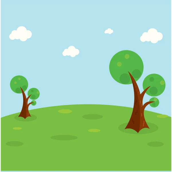 木々と緑の丘のフラットデザインのイラスト。明るい空と青い雲 — ストックベクタ