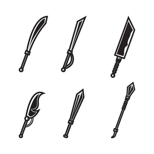 Ikona nastavená s motivy různých tvarů a typů mečů. s jednoduchým a elegantním stylem osnovy — Stockový vektor