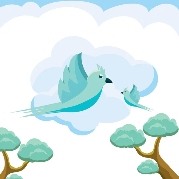 Cute vector illustration of birds flying in a clear sky. Birds flying flat design illustration